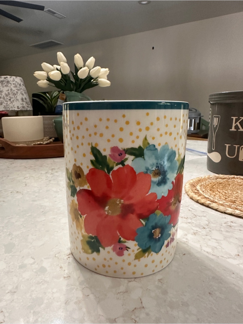 The Pioneer Woman Floral Ceramic Utensil Holder in Red, Teal & Blue